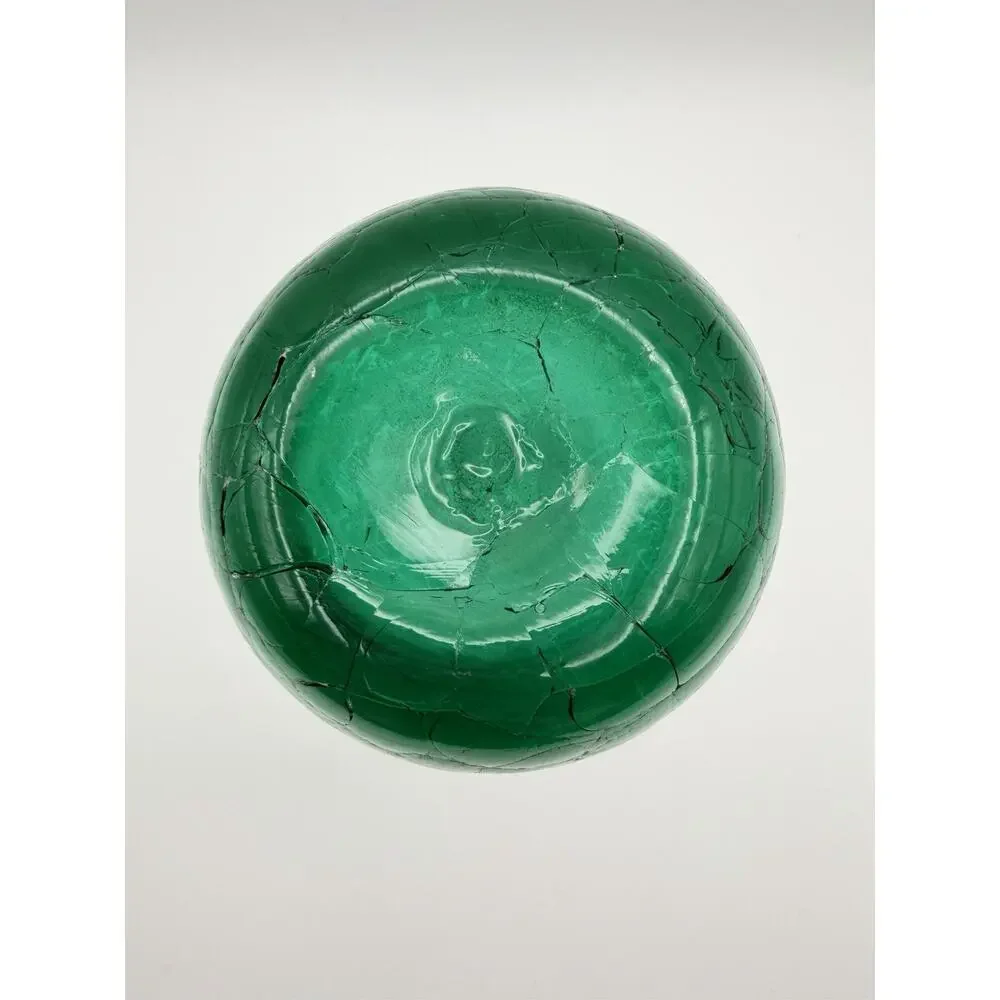 Hand Blown Emerald Green Crackle Glass Vase 7.5” Ruffled Rim Vintage Art Glass